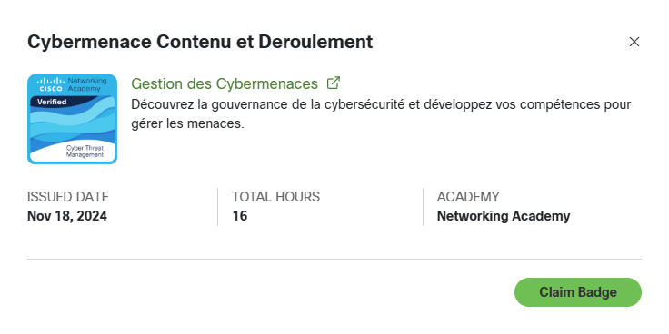 Certificat Cybermenaces Cisco