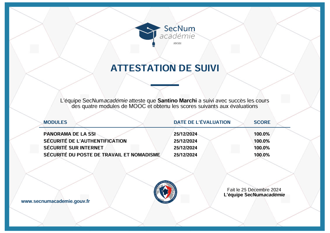 Certificat MOOC ANSSI SecNumacadémie