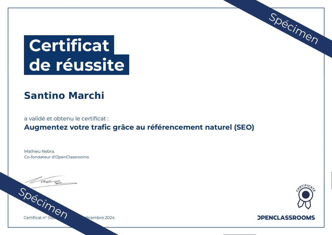 Certificat SEO OpenClassrooms